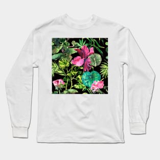 Seamless tropical flower, plant and leaf pattern background Long Sleeve T-Shirt